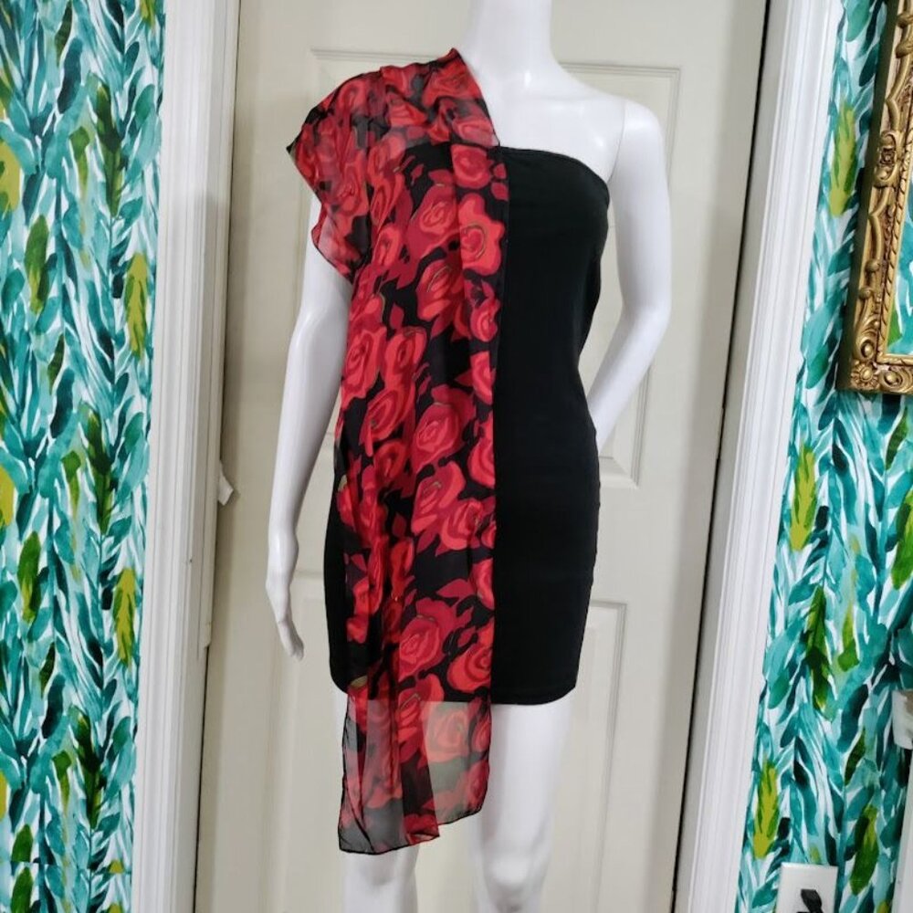 Zazou Floral Rose Lightweight Sheer Scarf Neckwear Red Black Women's Length 30" - Picture 2 of 7